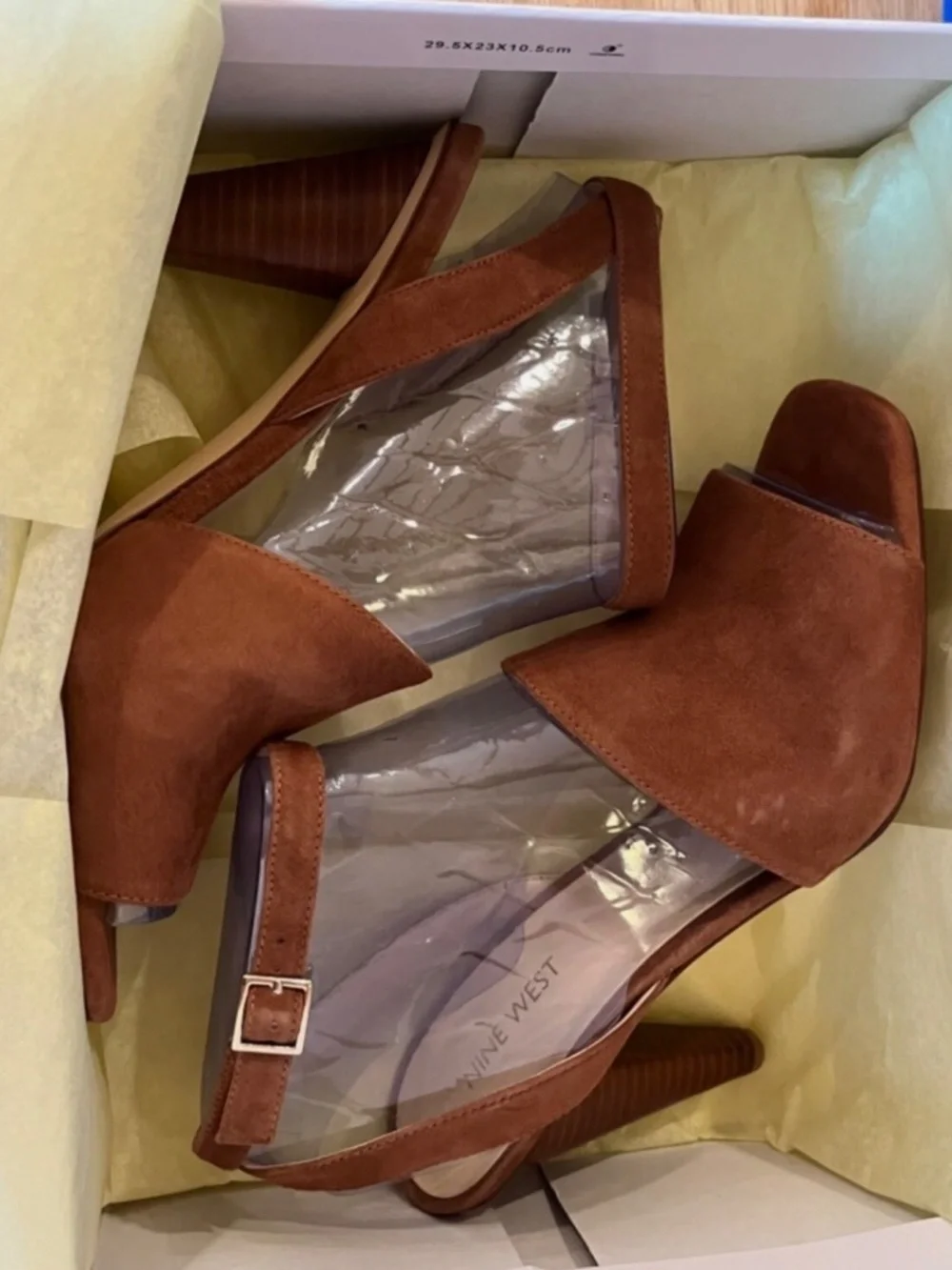 Nine West Quilty cone heels ankle strap suede sandals mules womens 9 nude boho - Picture 13 of 13